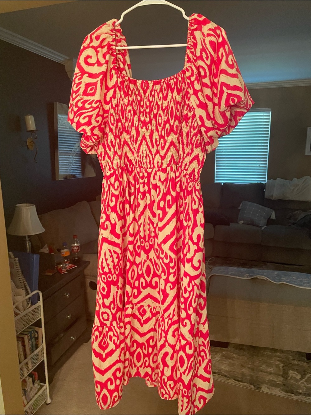 JODIFL Pink and White Printed Midi Dress with Puff Sleeves
